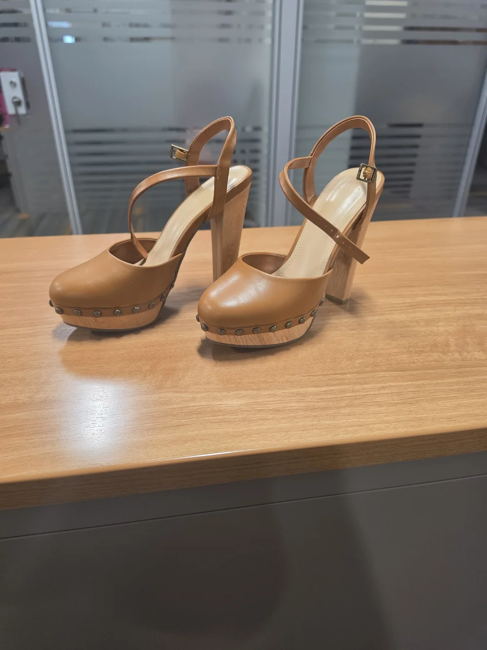Fashion Nova Cognac Platform Heel Sandals with Studded Trim